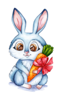 acuarela ilustración de un azul Conejo con un zanahoria. día festivo, celebracion, nuevo año. ideal para camisetas, tarjetas, huellas dactilares. aislado. dibujado por mano. png