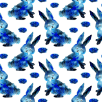 Aquarell Illustration von ein Blau Hase im das bilden von ein Stelle. Aquarell Flecken. es ist perfekt zum Postkarten, Poster, Banner, Einladungen, Gruß Karten, Drucke. isoliert png