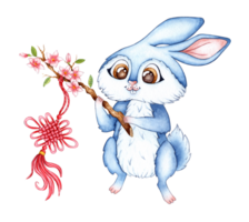 Watercolor illustration of a blue rabbit with a flowering twig on which is a Chinese keychain. Holiday, celebration, New Year. Ideal for t-shirts, cards, prints. Isolated. Drawn by hand. png