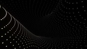 3D space with curving flow of dots. Design. Futuristic space with curving lines in flow. Dotted lines move in geometric curves on black background photo