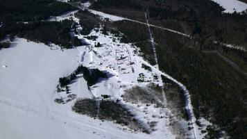 Aerial winter landscape with a snow covered field and growing pine trees. Clip. Cottages and small houses surrounded by snow desert. photo