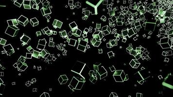 Abstract flow of cube silhouettes with white and green edges on a black background. Design. Flying 3D small figures. photo