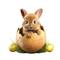 ai generato carino bambino coniglio come Pasqua coniglietto seduta nel Pasqua uovo png