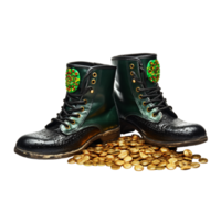 AI generated Green boots with golden coin on transparent background png