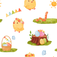 charming watercolor pattern, cartoon style, Easter-themed elements like chicks, egg baskets, garlands, butterflies, greenery, and a tree stump with vibrant eggs. for fabric design, and festive decor png