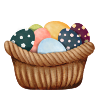 tecido cesta preenchidas com colorida Páscoa ovos. ovos do vários matizes adornado com floral decorações. aguarela ilustração capturando a festivo espírito, ideal para transmitindo a alegria do Páscoa png