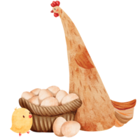 Watercolor illustration portraying a mother hen beside a basket filled with chicken eggs, accompanied by her cheerful little one. a vibrant yellow chick. Captures the endearing moment of motherly care png