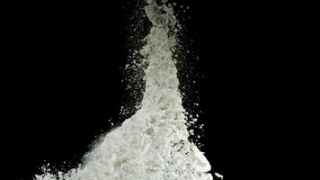 Splash of white powder isolated on black background. Stock footage. Close up for white abstract snow being thrown up. photo