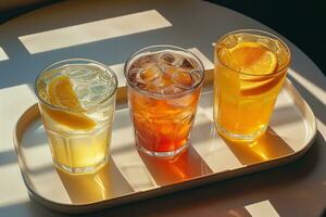 AI generated three glasses of lemonade sitting on a white tray photo