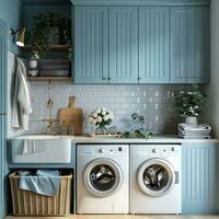 AI generated to make laundry look more luxurious, opt for an appliance with two washing machines and one sink photo