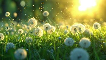 AI generated the grassy field contains dandelions and grass photo