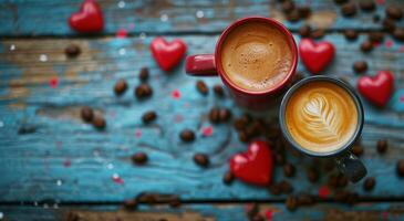 AI generated two coffee drinks on top of a wooden table with valentine hearts photo