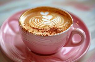 ai generado el café es un rosado taza coronado con corazones y remolinos foto