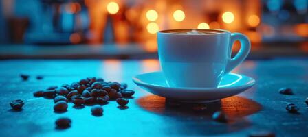 AI generated the coffee is in the cup with some coffee beans beside it photo