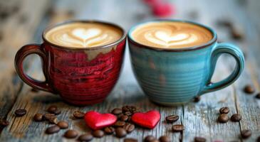 AI generated two coffee drinks on top of a wooden table with valentine hearts photo