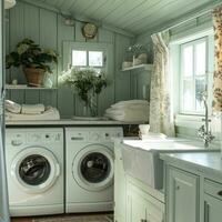 AI generated to make laundry look more luxurious, opt for an appliance with two washing machines and one sink photo