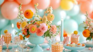 AI generated Whimsical decor, vibrant balloons, and joyful revelry create a lively and enchanting party ambiance photo