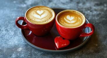 AI generated two coffee drinks on top of a wooden table with valentine hearts photo