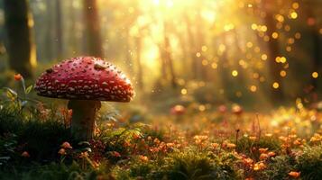 AI generated Toadstools, fairies, and enchanting creatures evoke a magical forest in spring photo