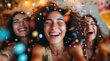 ai generado sonriente caras, papel picado duchas, y festivo decoración para un cumpleaños celebracion foto