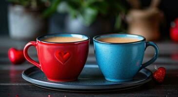 AI generated two valentine cups of coffee on a dark table photo