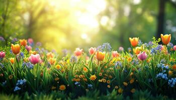 AI generated tulips, bluebells, daffodils, daisy, grass and green leaves frameless landscape background photo