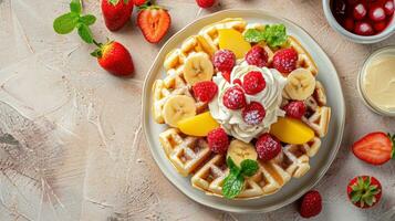 AI generated Belgian waffle ads with delicious fruit and cream photo