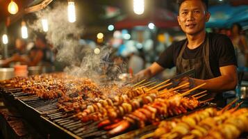 AI generated Vibrant street food scene with sizzling grills, exotic spices, and tempting treats photo