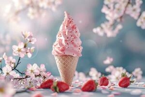 AI generated Realistic ice cream ad mockup with strawberry photo