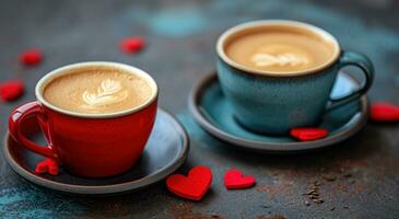 AI generated two valentine cups of coffee on a dark table photo