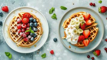 ai generado Belga gofre anuncios con delicioso Fruta y crema foto