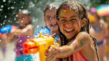 ai generado agua pistolas, juguetón salpicaduras, y arco iris corrientes definir un animado holi agua lucha foto