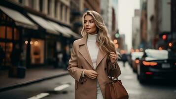 ai generado hermosa mujer vistiendo bronceado chaqueta participación un bolso en el calle foto