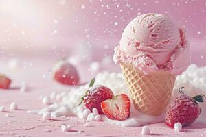 AI generated Realistic ice cream ad mockup with strawberry photo