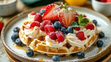 AI generated Belgian waffle ads with delicious fruit and cream photo