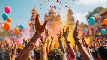 ai generado espectro de colores, agua globos, y jubiloso caos caracterizar un animado holi escena foto