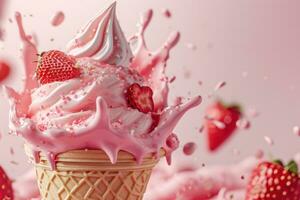 AI generated Realistic ice cream ad mockup with strawberry photo