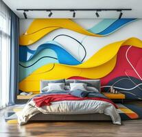 AI generated bright bedroom mural with abstract design yellow photo