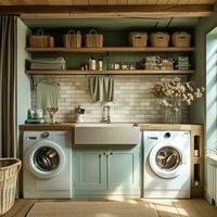 AI generated to make laundry look more luxurious, opt for an appliance with two washing machines and one sink photo