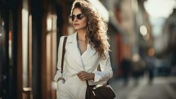AI generated beautiful woman wearing tan jacket holding a handbag in the street photo