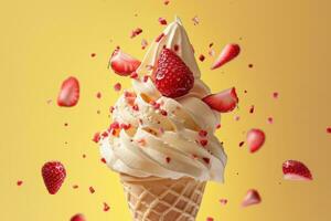 AI generated Realistic ice cream ad mockup with strawberry photo