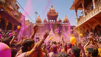 ai generado espectro de colores, agua globos, y jubiloso caos caracterizar un animado holi escena foto