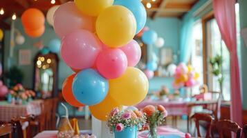 AI generated Whimsical decor, vibrant balloons, and joyful revelry create a lively and enchanting party ambiance photo