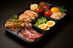 ai generado en caja ensalada comida contenedores con Fresco comida y tenedores foto