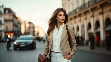 ai generado hermosa mujer vistiendo bronceado chaqueta participación un bolso en el calle foto