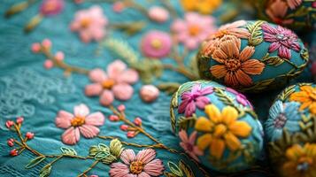 AI generated beautiful colored background embroidered with threads on the theme of Easter photo