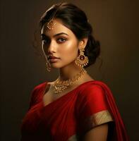 AI generated beautiful woman in red jewellery and gold, photo