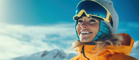 ai generado un esquiador con esquís y gafas de protección es sonriente en el nieve foto