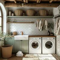 AI generated to make laundry look more luxurious, opt for an appliance with two washing machines and one sink photo