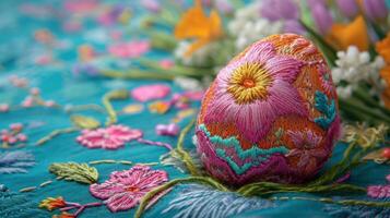 AI generated beautiful colored background embroidered with threads on the theme of Easter photo